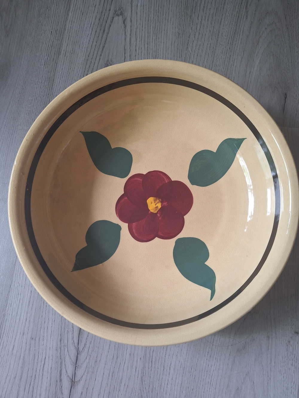 Hand-Painted Floral Ceramic Serving Bowl in Cream and Red